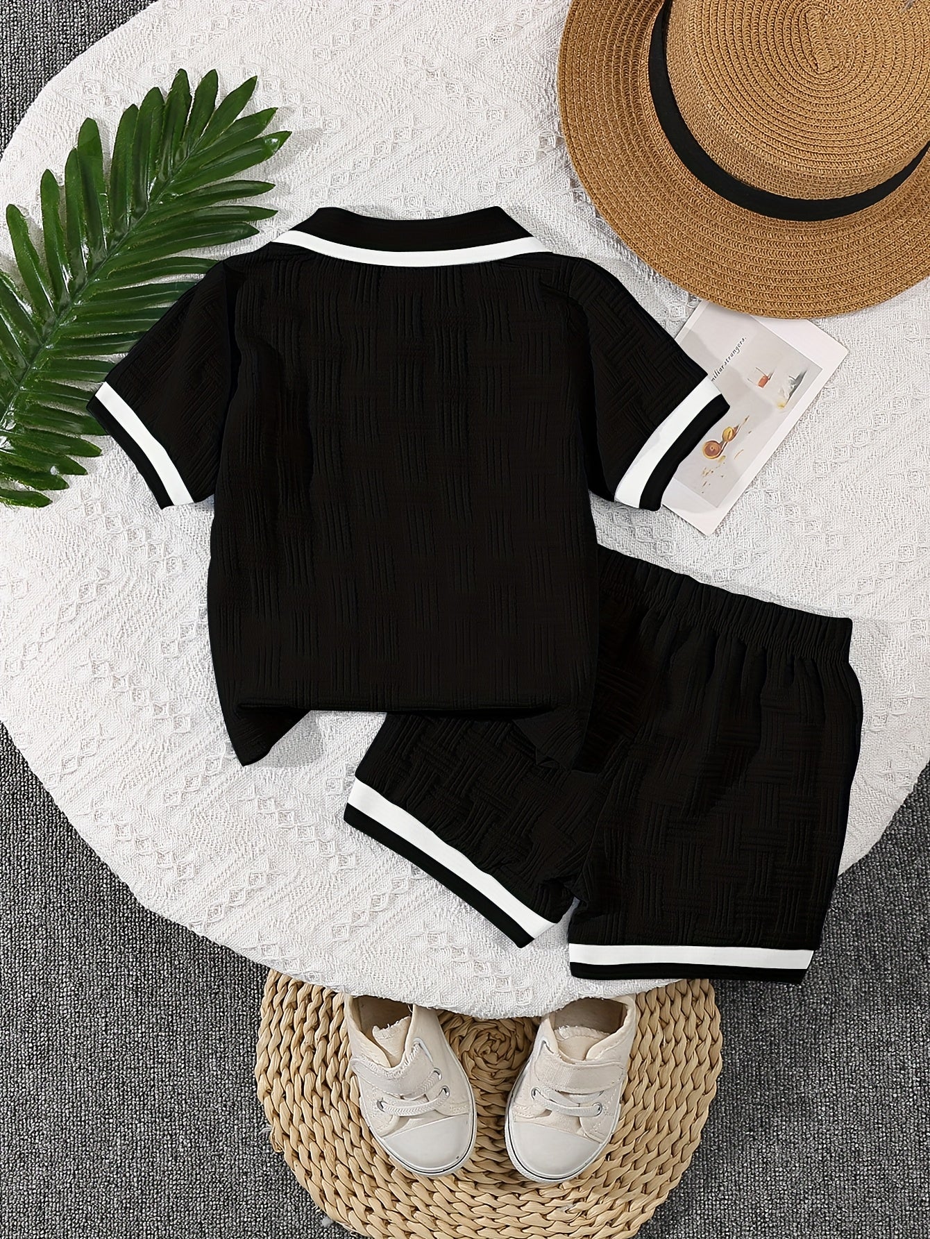 Summer New Baby Boy Jacquard Fabric POLO Collar Top And Casual Shorts Two-Piece Set, for Outdoor