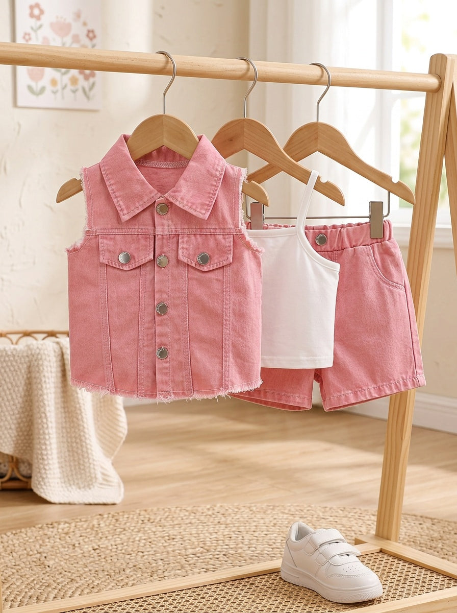 Girls' Denim Shorts Set with Camisole and Vest