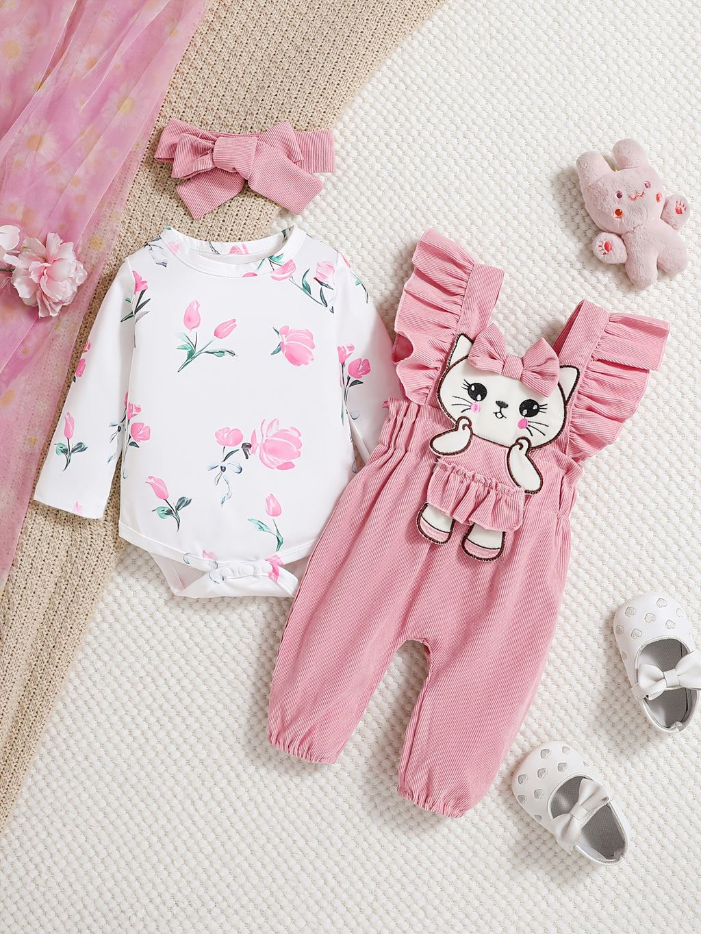 3pcs Infant Set, Floral Print Bodysuit
