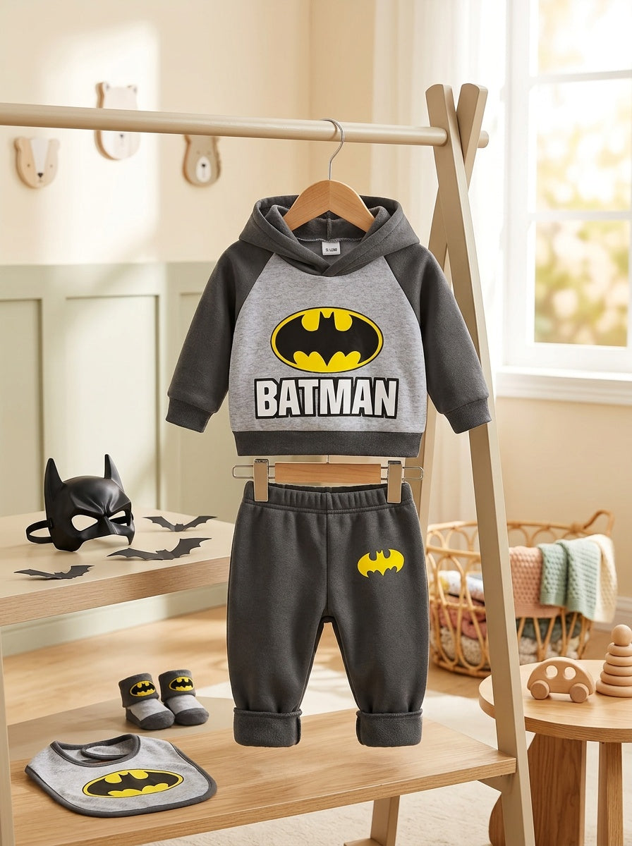 Warner Series Boys' Autumn/Winter New Batman Series Set: "Batman Logo and Lettering" Printed Dark Gray + Light Gray 2-Color Spliced Raglan Sleeve -Lined Warm Hooded Sweatshirt with Long Sleeves, Stylish Daily Comfortable Versatile Casual Outdoor