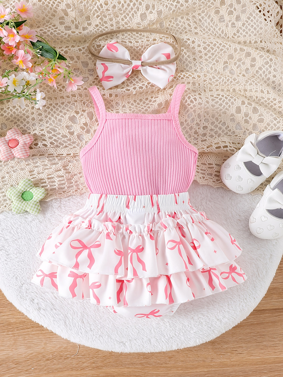 Summer New Children'S Baby Sweet Cute Suspender Triangle Bodysuit Bow Short Skirt