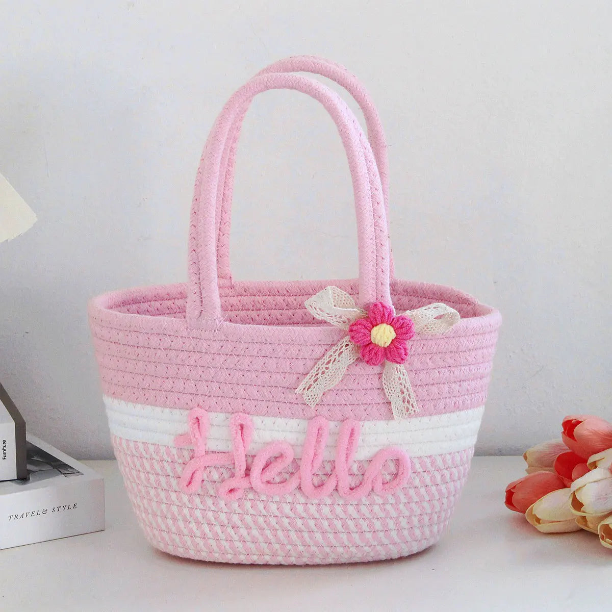 Personalized Braided Cotton Tote Bag with Name – Custom Picnic & Vacation Storage Basket