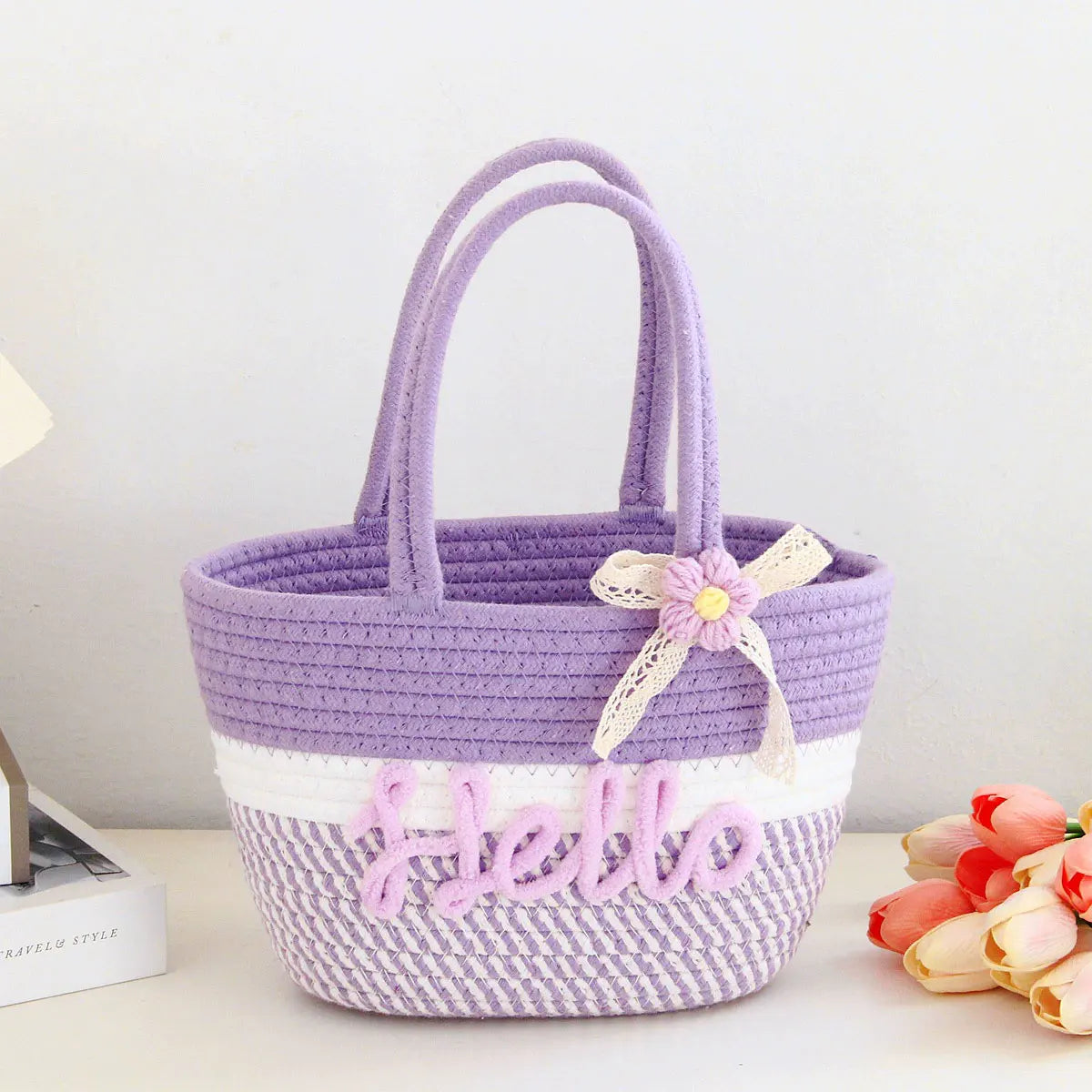 Personalized Braided Cotton Tote Bag with Name – Custom Picnic & Vacation Storage Basket