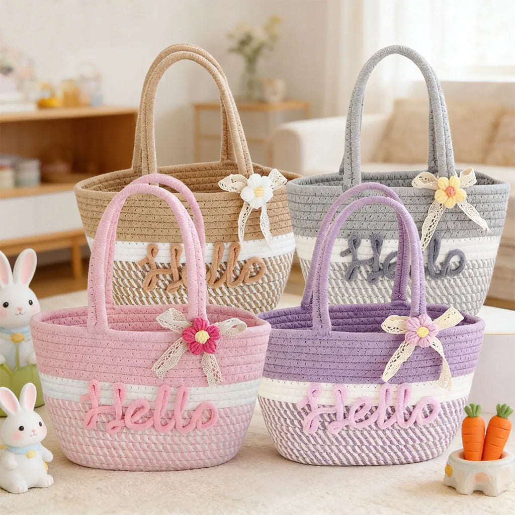 Personalized Braided Cotton Tote Bag with Name – Custom Picnic & Vacation Storage Basket