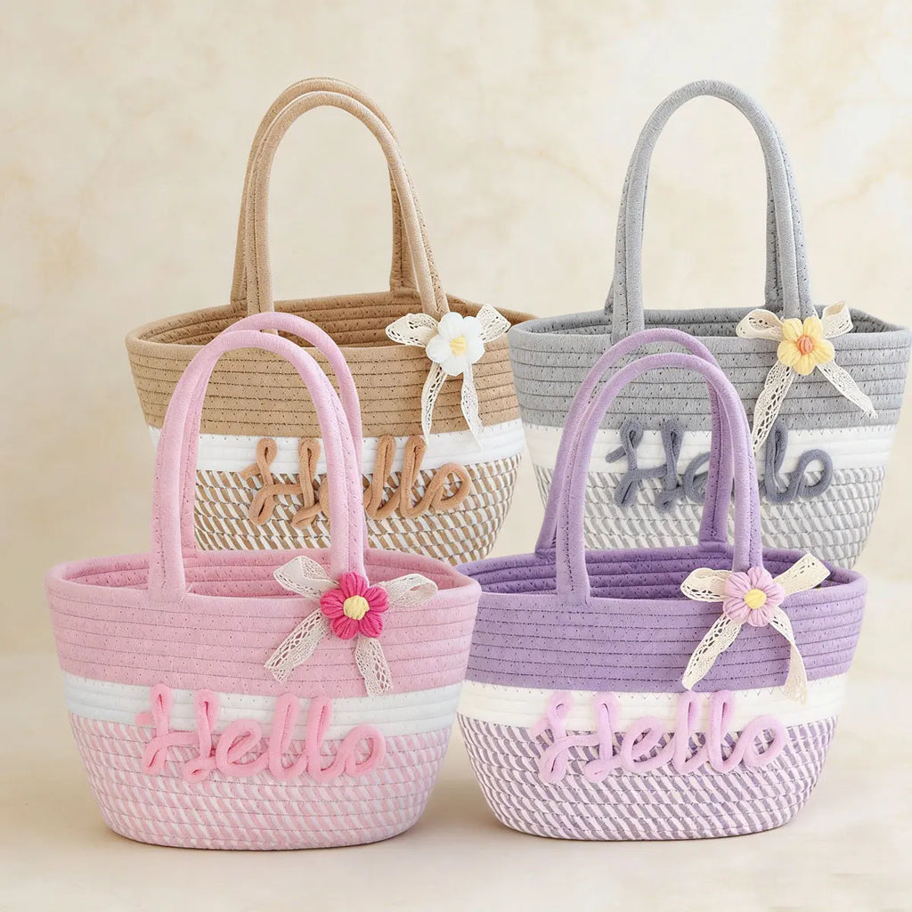 Personalized Braided Cotton Tote Bag with Name – Custom Picnic & Vacation Storage Basket
