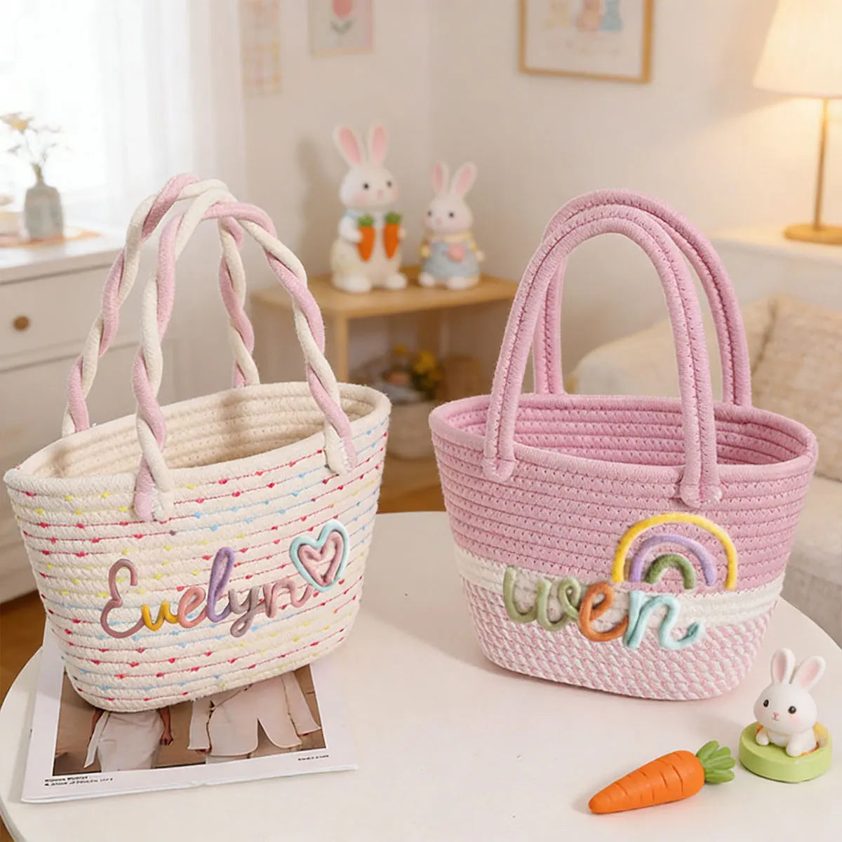 Personalized Braided Cotton Tote Bag with Name – Custom Picnic & Vacation Storage Basket
