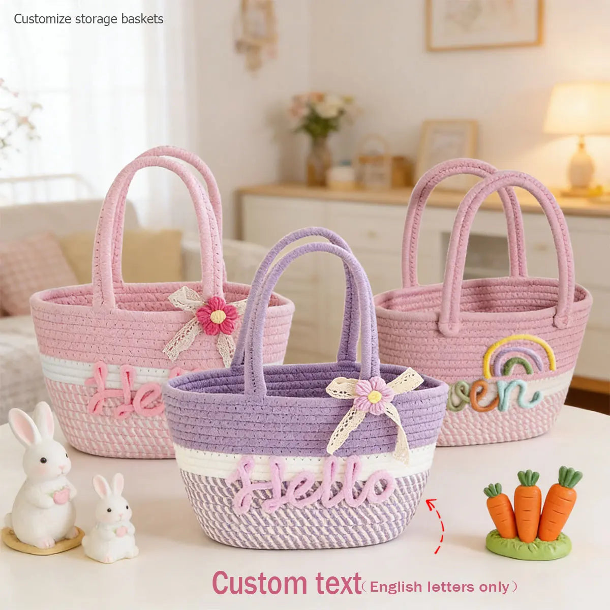 Personalized Braided Cotton Tote Bag with Name – Custom Picnic & Vacation Storage Basket