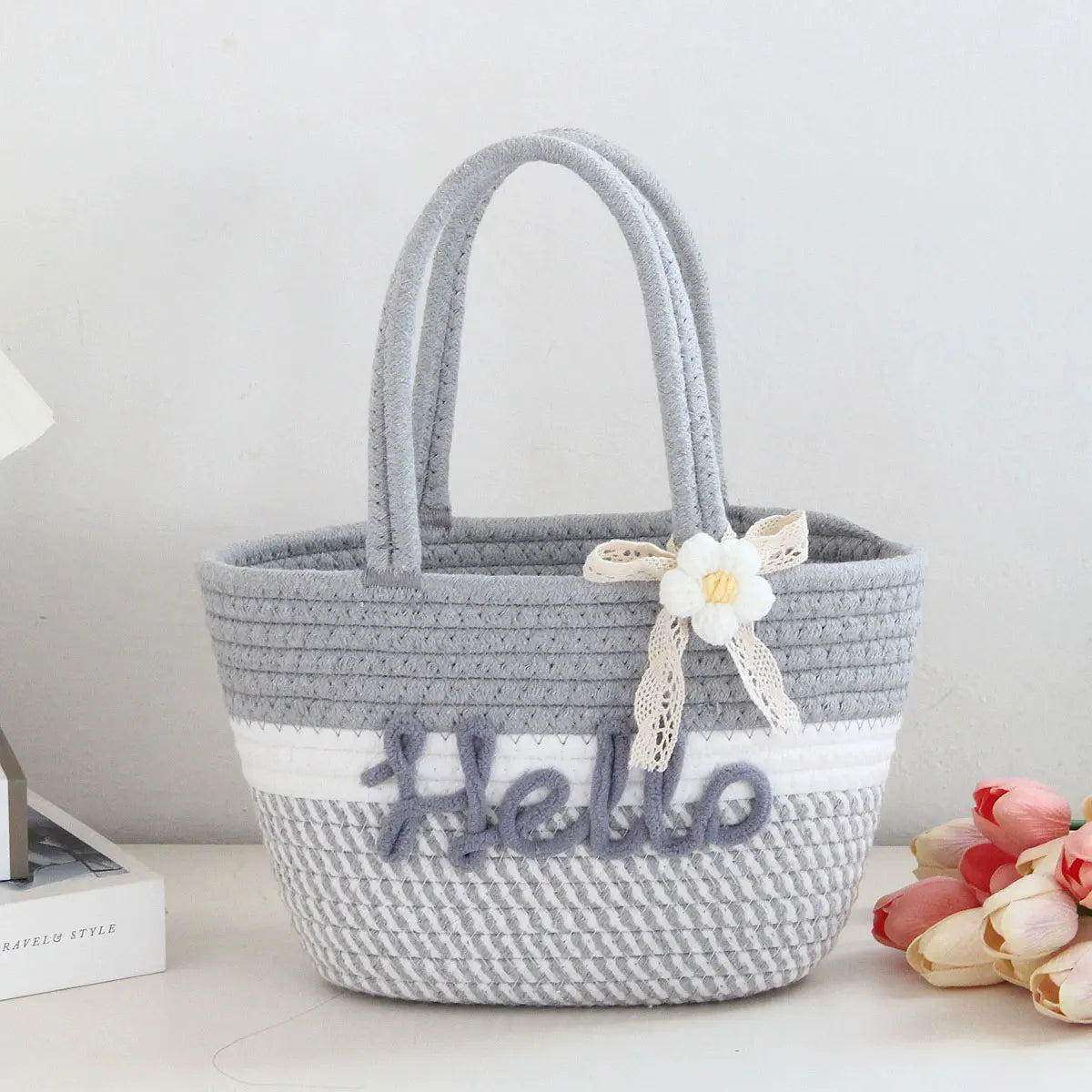 Personalized Braided Cotton Tote Bag with Name – Custom Picnic & Vacation Storage Basket
