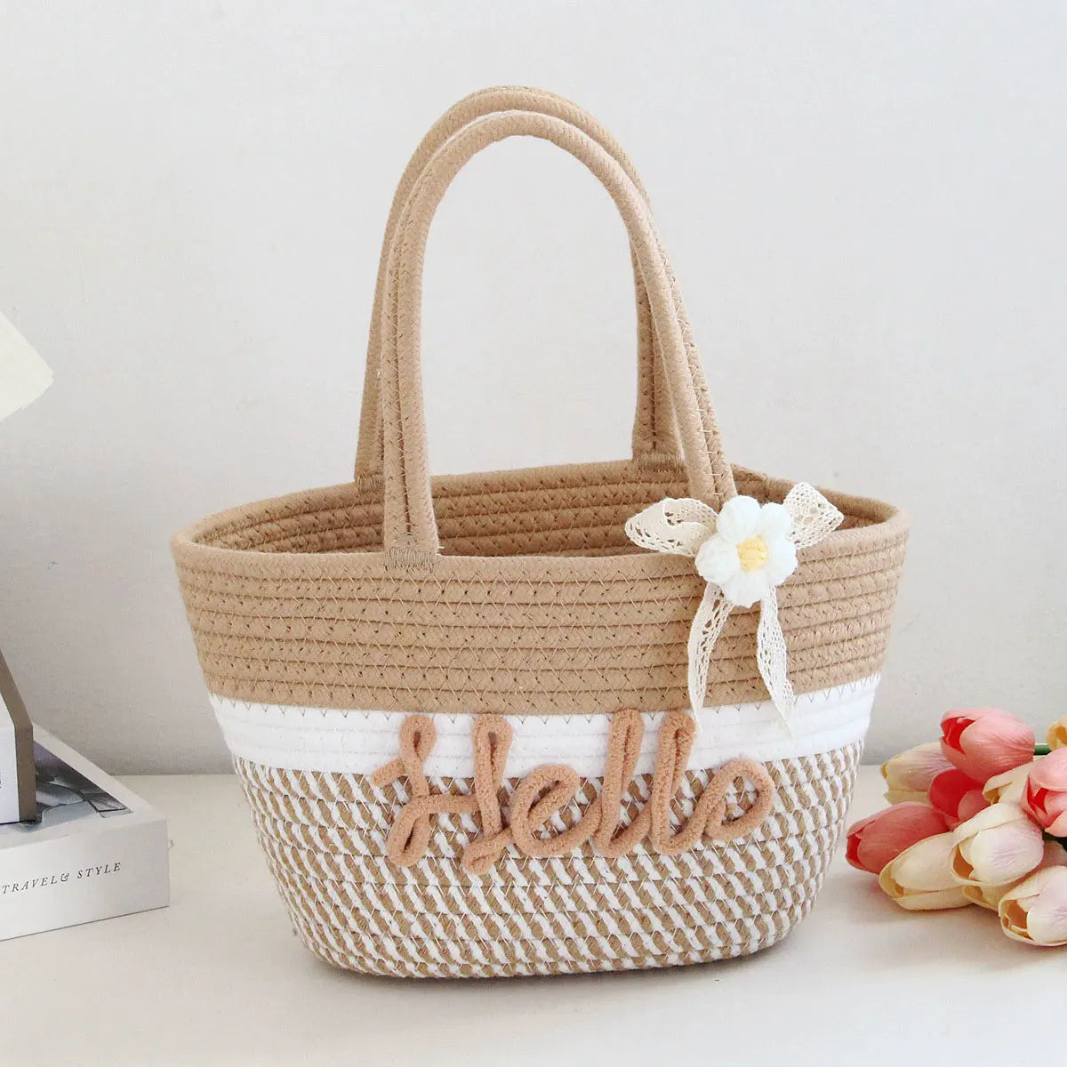 Personalized Braided Cotton Tote Bag with Name – Custom Picnic & Vacation Storage Basket