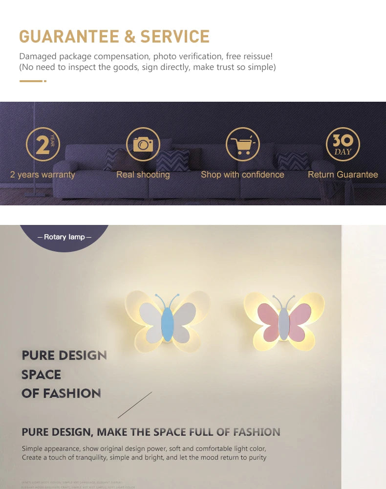 Modern Children's Room Butterfly Wall Light For Bedroom Bedside Wall Lamp Creative Personality Wall Decor LED Butterfly Sconce