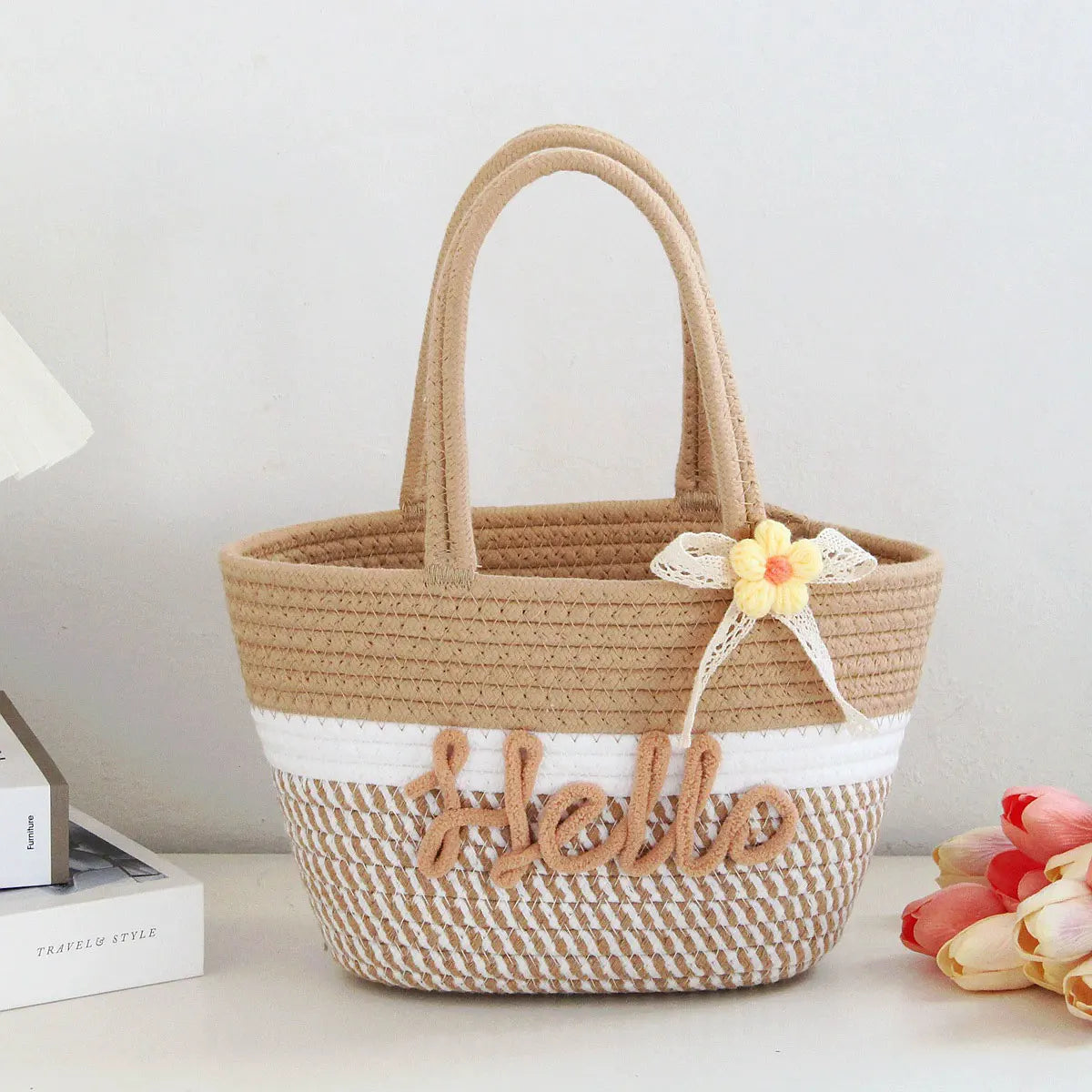 Personalized Braided Cotton Tote Bag with Name – Custom Picnic & Vacation Storage Basket