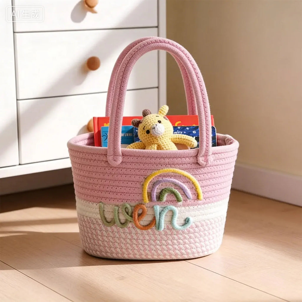 Personalized Braided Cotton Tote Bag with Name – Custom Picnic & Vacation Storage Basket