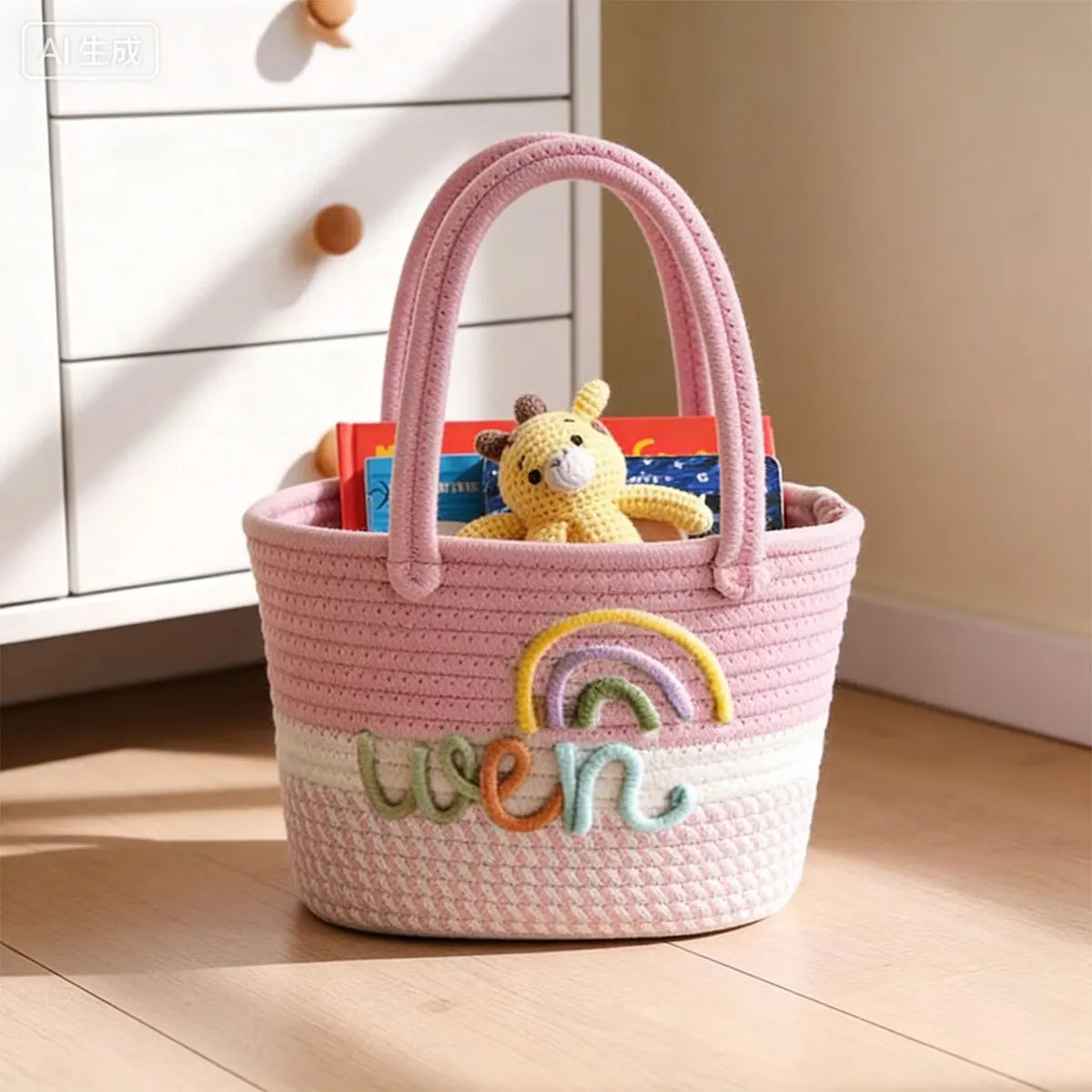 Personalized Braided Cotton Tote Bag with Name – Custom Picnic & Vacation Storage Basket