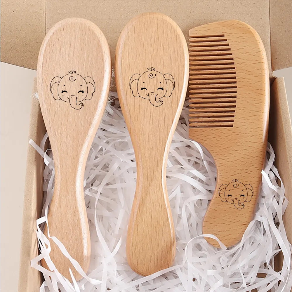 Custom Name Newborn Baby Hair Brush Set - Beechwood Comb & Soft Wool Brush - Natural Baby Grooming Kit & Gift
