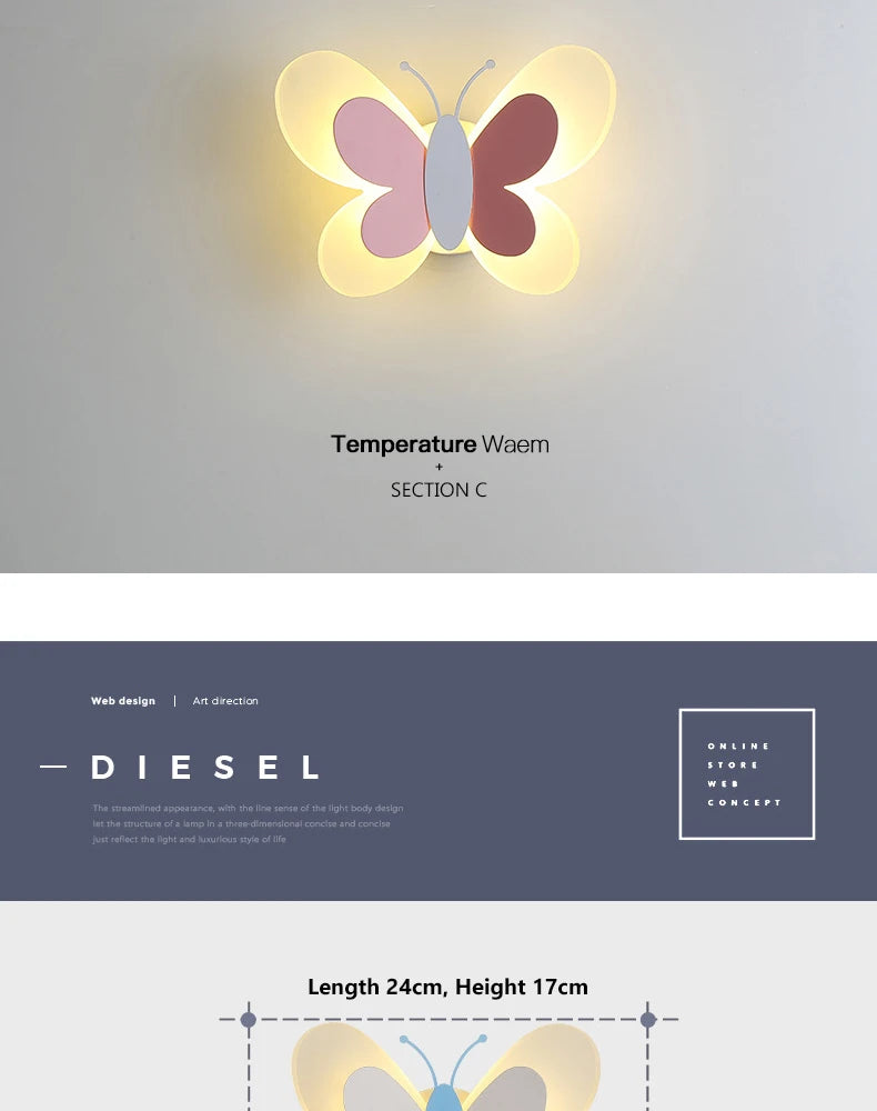 Modern Children's Room Butterfly Wall Light For Bedroom Bedside Wall Lamp Creative Personality Wall Decor LED Butterfly Sconce