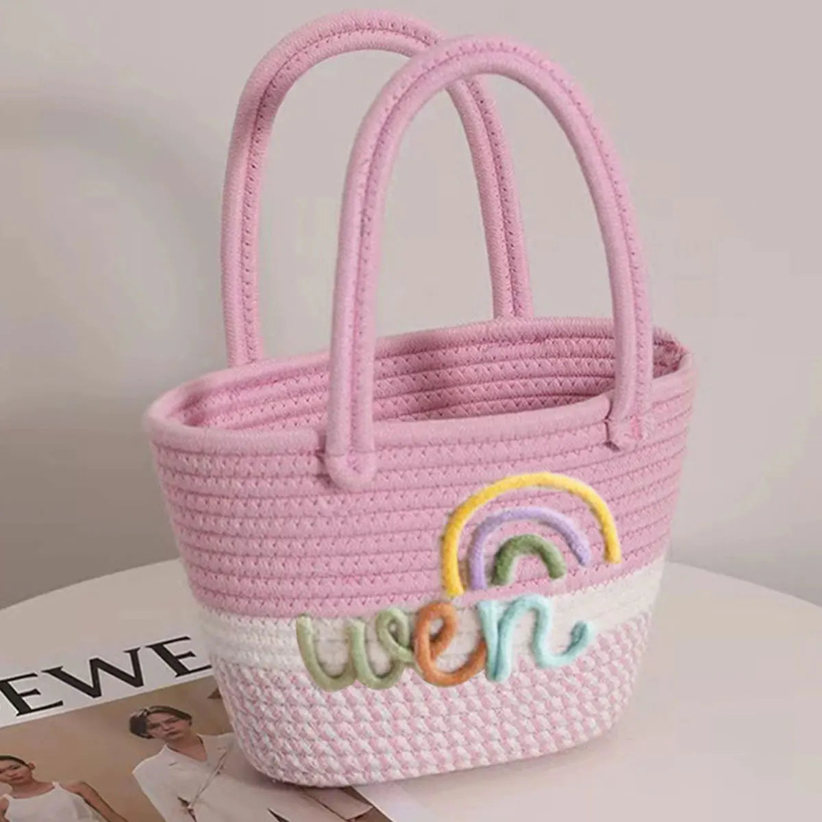 Personalized Braided Cotton Tote Bag with Name – Custom Picnic & Vacation Storage Basket