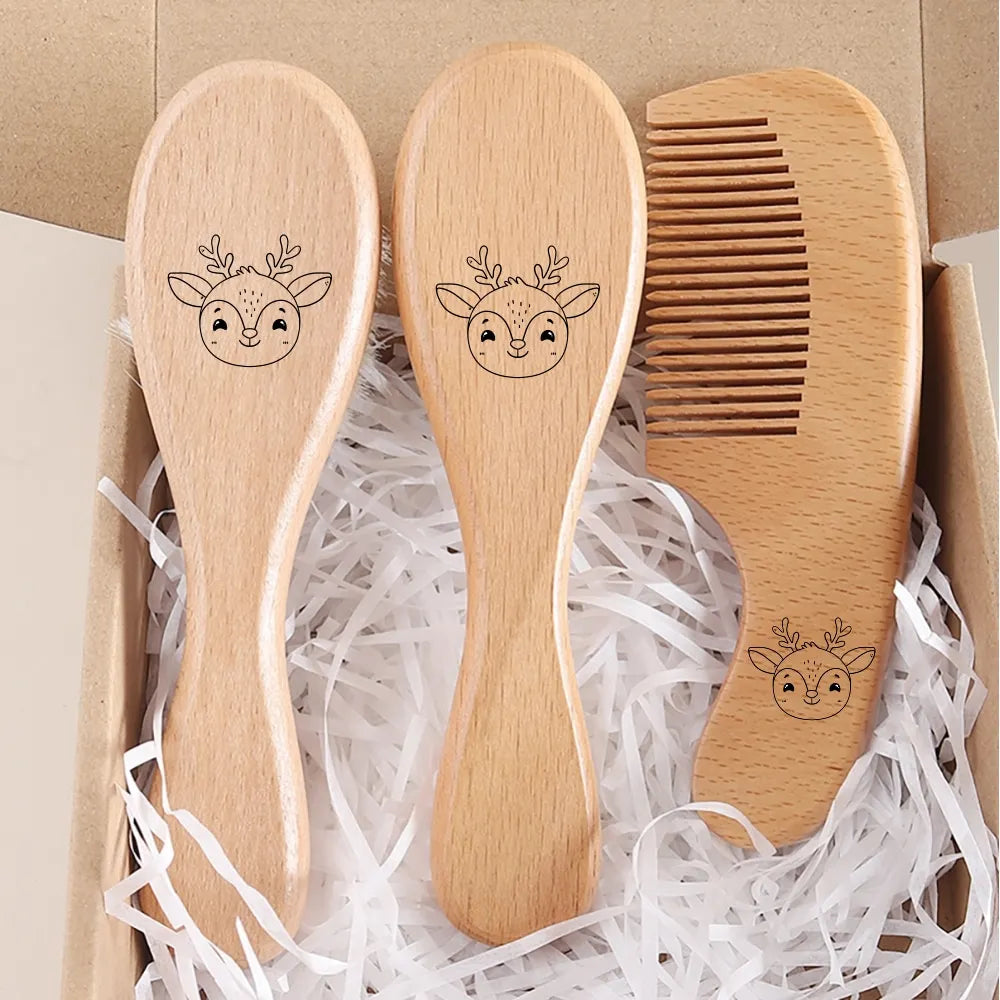 Custom Name Newborn Baby Hair Brush Set - Beechwood Comb & Soft Wool Brush - Natural Baby Grooming Kit & Gift
