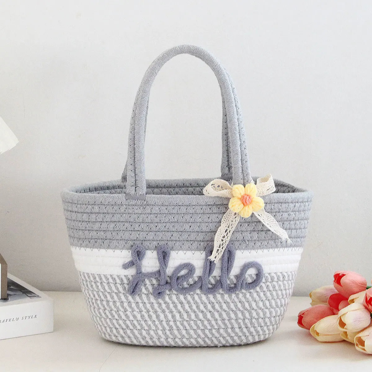 Personalized Braided Cotton Tote Bag with Name – Custom Picnic & Vacation Storage Basket