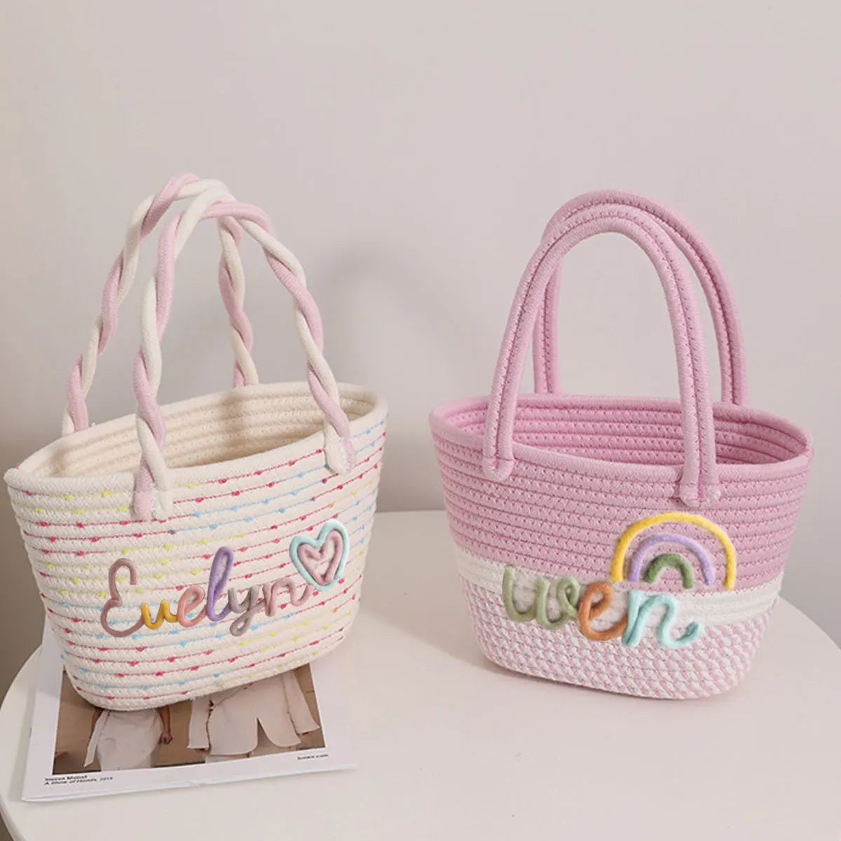 Personalized Braided Cotton Tote Bag with Name – Custom Picnic & Vacation Storage Basket