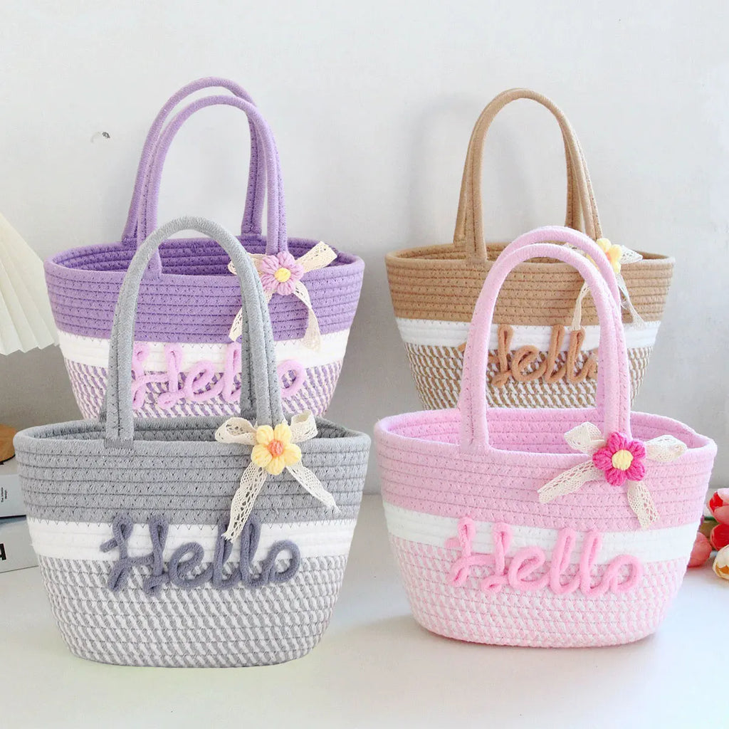 Personalized Braided Cotton Tote Bag with Name – Custom Picnic & Vacation Storage Basket