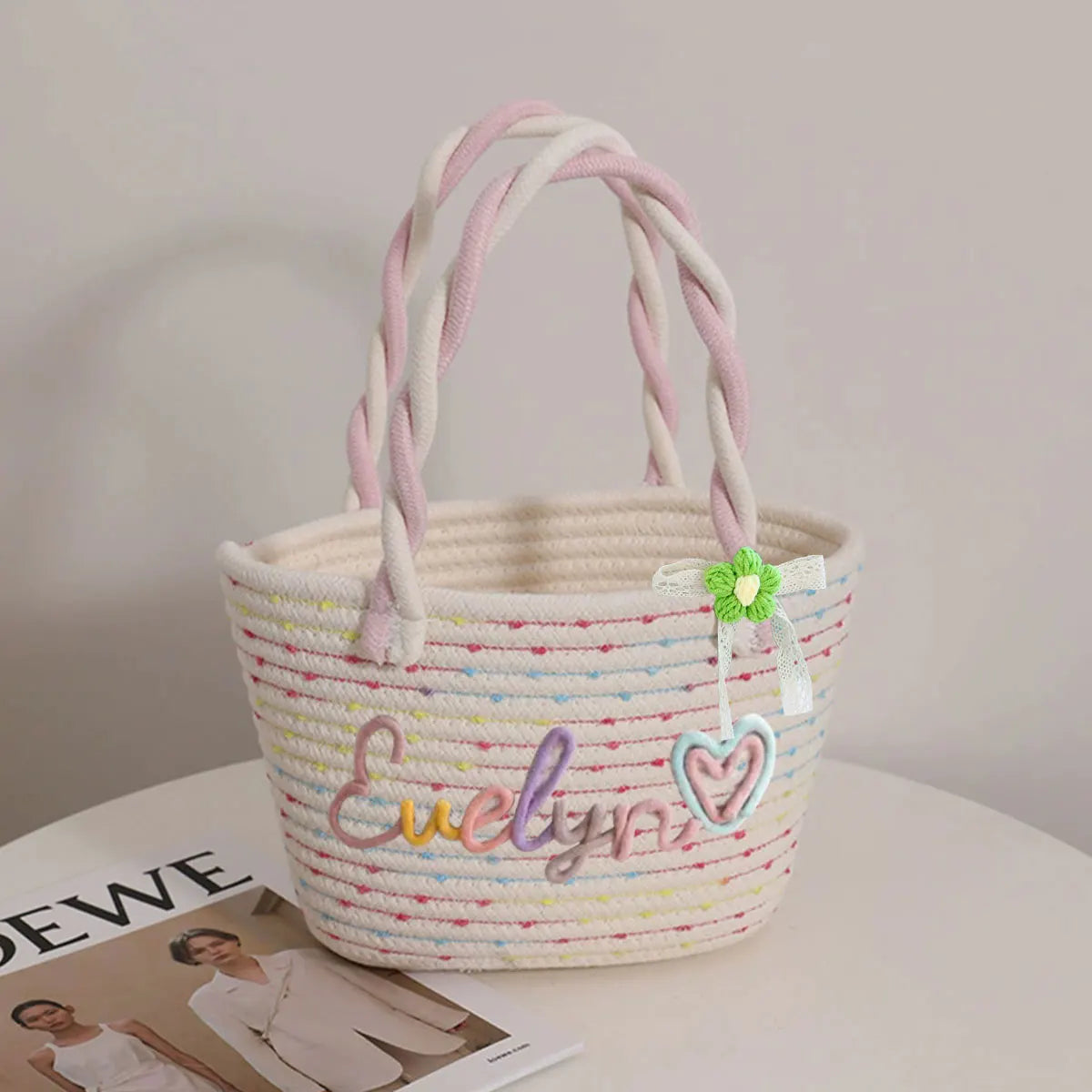 Personalized Braided Cotton Tote Bag with Name – Custom Picnic & Vacation Storage Basket