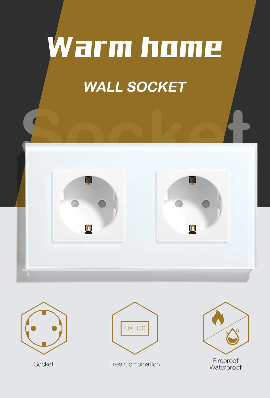 BSEED Double Socket EU Socket EU Standard Wall Socket 3 Colors White Black Gloden Crystal Glass Panel 16A 110V-240V