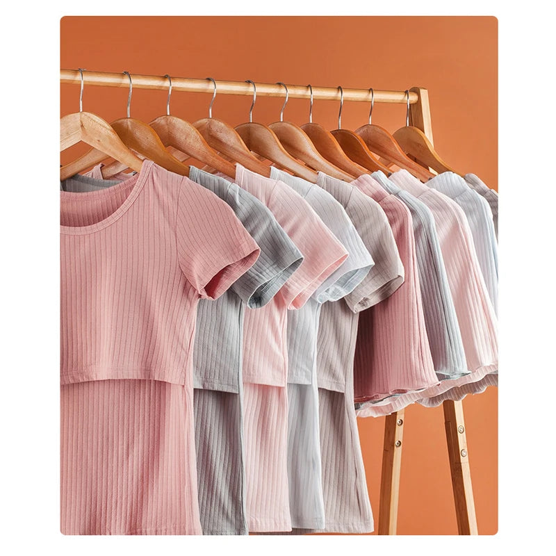Maternity Summer Soft 95% Cotton Pyjamas with lift up Breastfeeding Nursing Sleepwear Lactation Clothes pijama maternidade