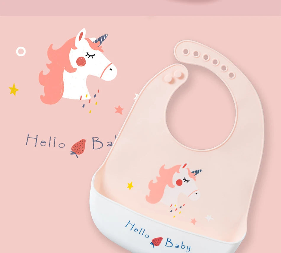 2021 Cute Baby Bibs Waterproof Silicone Bib Feeding Infant Newborn Cartoon Apron ToddlerX Adjustable Bib Burp Cloths with Pocket