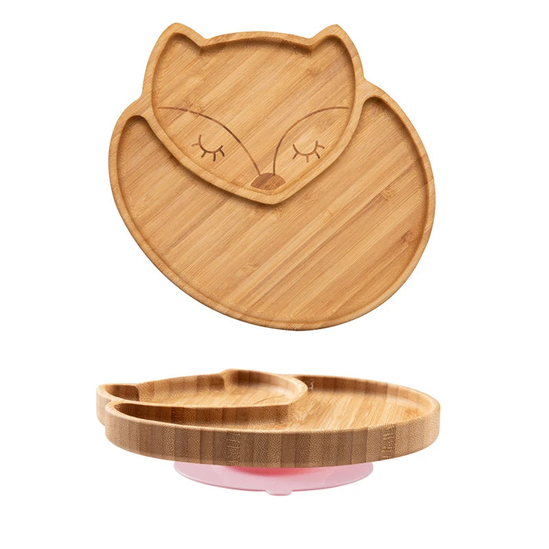 Bamboo Wooden Baby Dinner Plate With Suction Elephant Cartoon Animals For Feeding