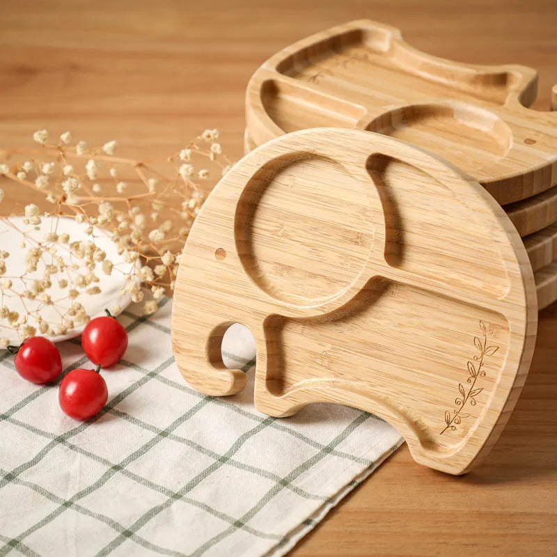 1PC Bamboo Wooden Dinnerware Baby Feeding Accessories Cartoon Animals Elephant Dinner Plate With Sucker Baby Products Gifts