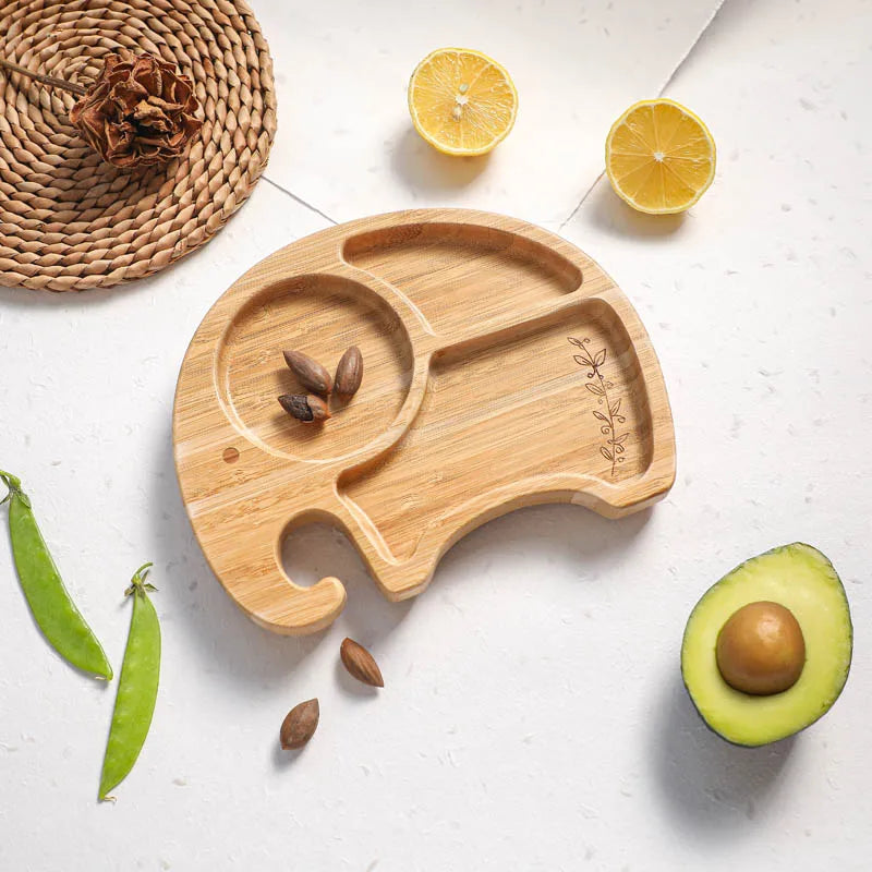 1PC Bamboo Wooden Dinnerware Baby Feeding Accessories Cartoon Animals Elephant Dinner Plate With Sucker Baby Products Gifts
