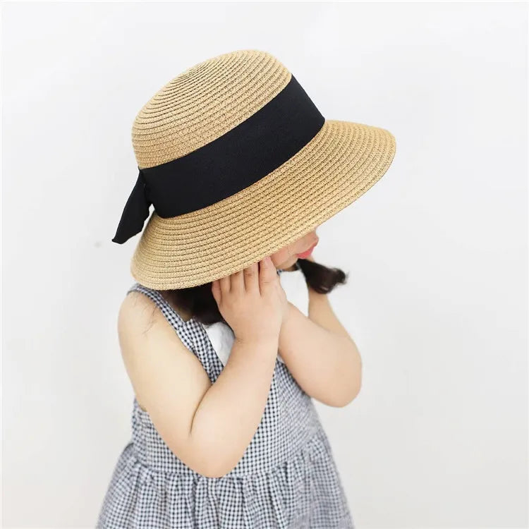 Spring Summer Mother Daughter Straw Plaited Bucket Hat Cap Beach Holiday Round Top Outdoor Bow Sunhat Kids Girls Hats and Caps