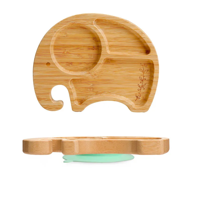 Bamboo Wooden Baby Dinner Plate With Suction Elephant Cartoon Animals For Feeding