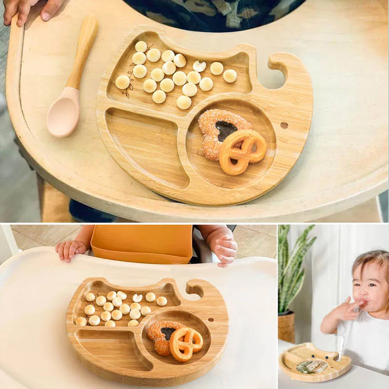 1PC Bamboo Wooden Dinnerware Baby Feeding Accessories Cartoon Animals Elephant Dinner Plate With Sucker Baby Products Gifts
