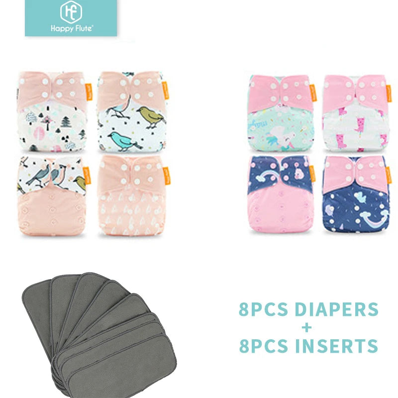 HappyFlute 8 Diapers 8 Inserts One Size Adjustable Cloth Diapers Washable Reusable for Babies