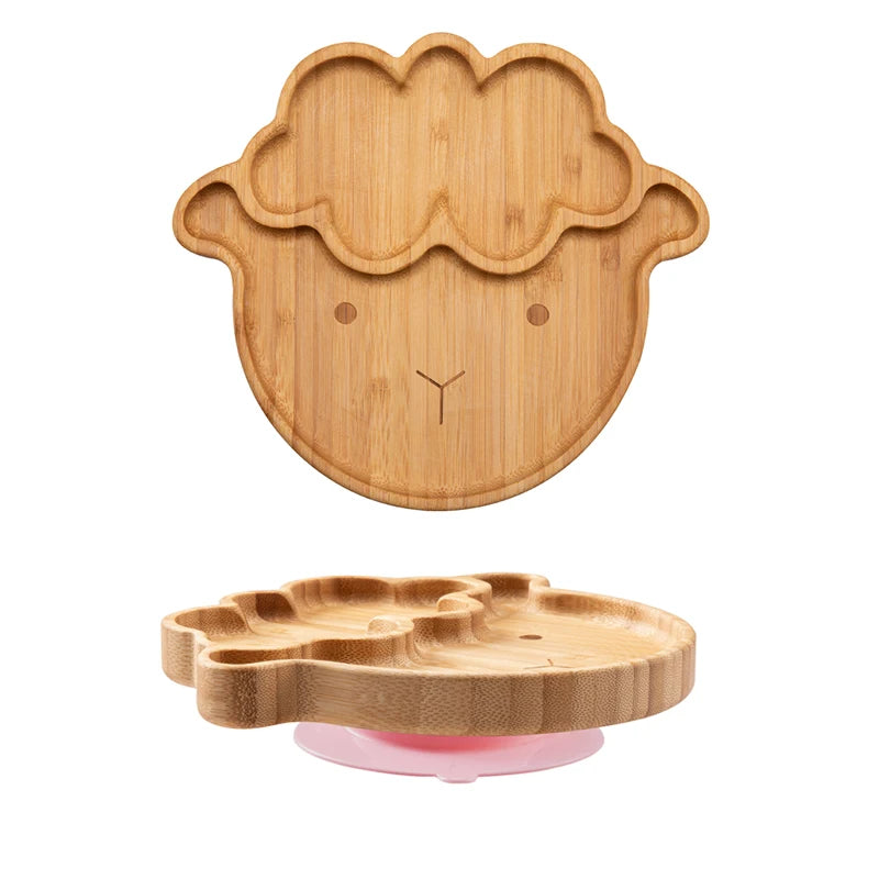 Bamboo Wooden Baby Dinner Plate With Suction Elephant Cartoon Animals For Feeding