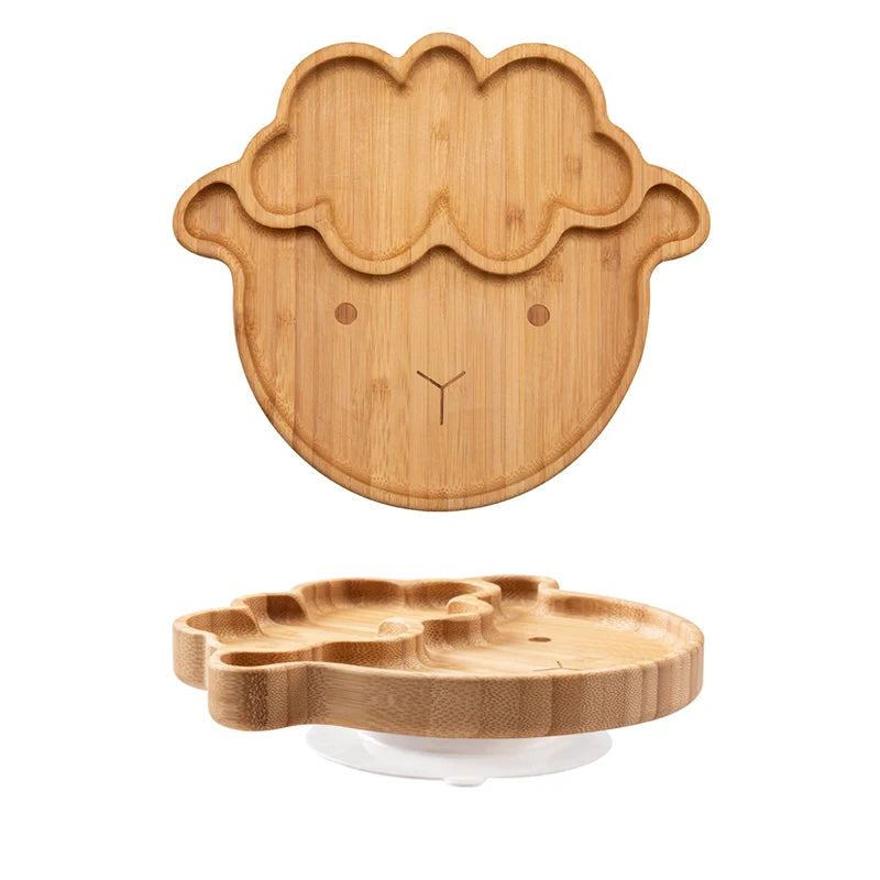 1PC Bamboo Wooden Dinnerware Baby Feeding Accessories Cartoon Animals Elephant Dinner Plate With Sucker Baby Products Gifts