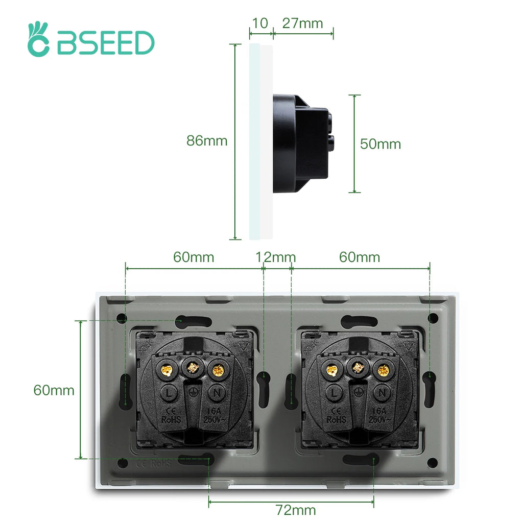 BSEED Double Socket EU Socket EU Standard Wall Socket 3 Colors White Black Gloden Crystal Glass Panel 16A 110V-240V