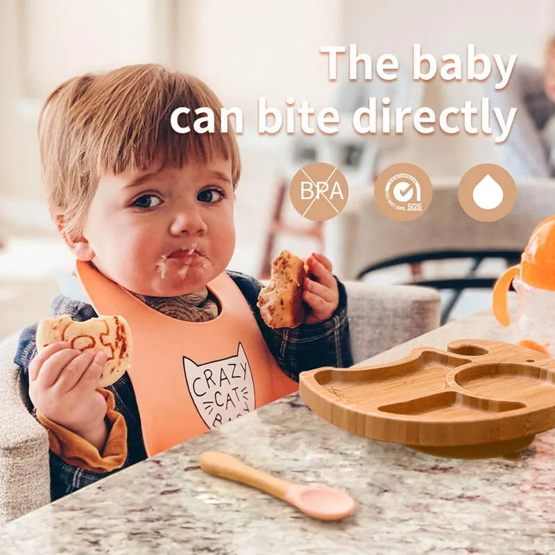 1PC Bamboo Wooden Dinnerware Baby Feeding Accessories Cartoon Animals Elephant Dinner Plate With Sucker Baby Products Gifts