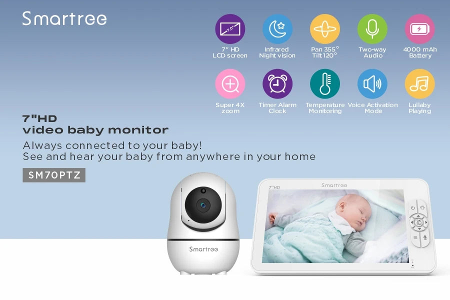 7" Video Baby Monitor, 720P HD Display, IPS , Support 2 HDCams, 24Hour Battery Life, 1000ft Range, Split mode
