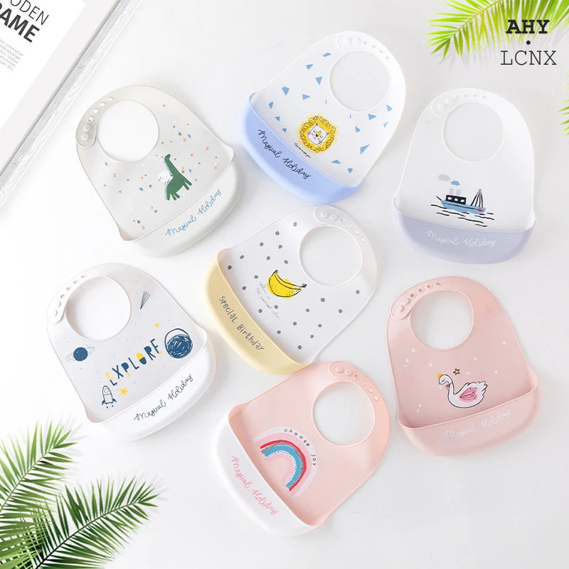 2021 Cute Baby Bibs Waterproof Silicone Bib Feeding Infant Newborn Cartoon Apron ToddlerX Adjustable Bib Burp Cloths with Pocket