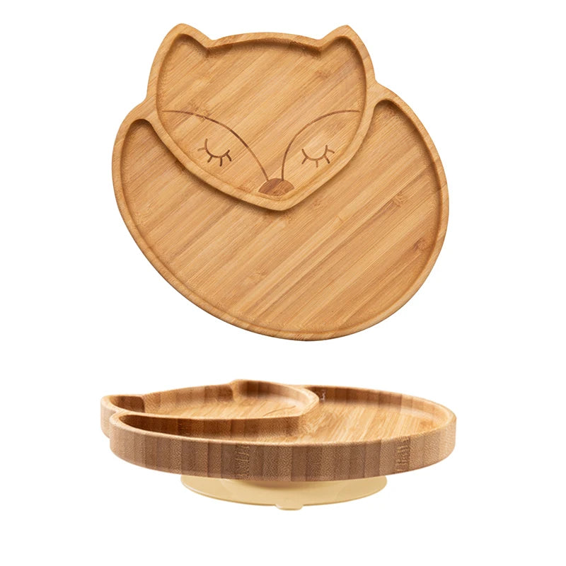 Bamboo Wooden Baby Dinner Plate With Suction Elephant Cartoon Animals For Feeding