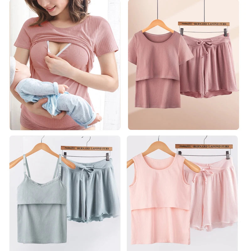 Maternity Summer Soft 95% Cotton Pyjamas with lift up Breastfeeding Nursing Sleepwear Lactation Clothes pijama maternidade
