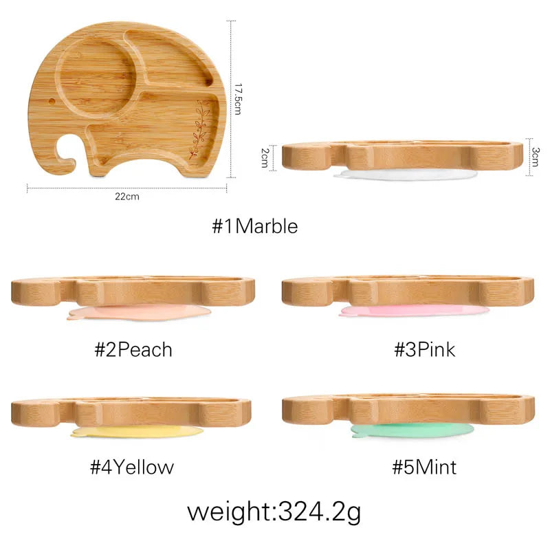 1PC Bamboo Wooden Dinnerware Baby Feeding Accessories Cartoon Animals Elephant Dinner Plate With Sucker Baby Products Gifts