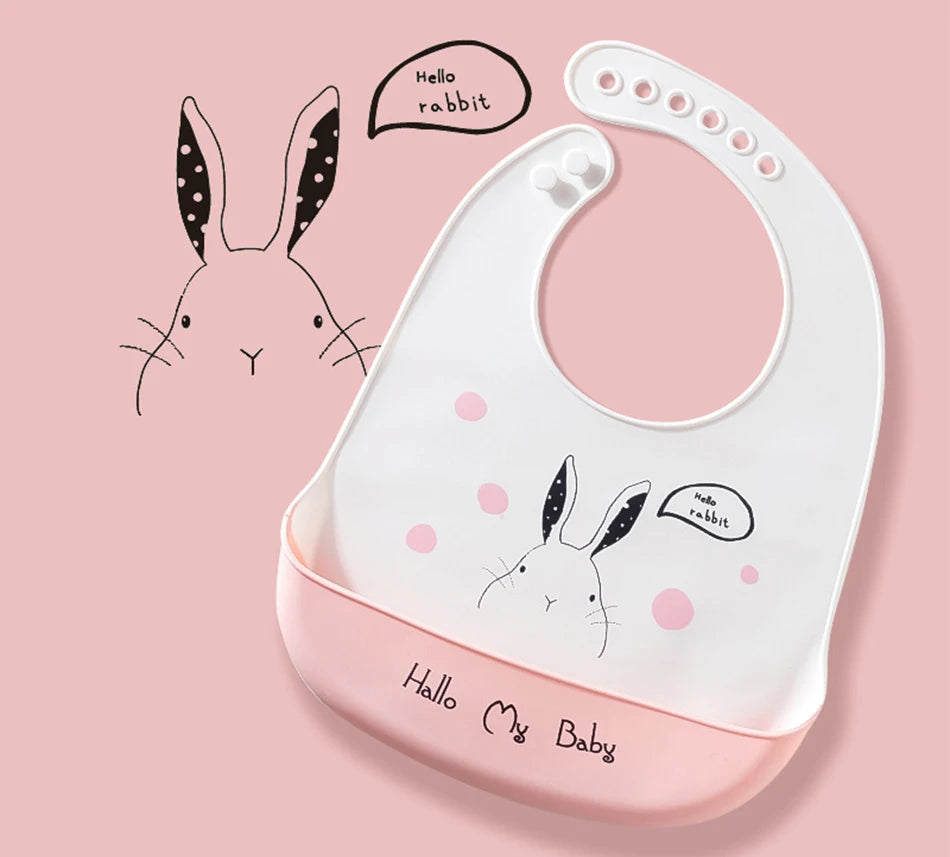 2021 Cute Baby Bibs Waterproof Silicone Bib Feeding Infant Newborn Cartoon Apron ToddlerX Adjustable Bib Burp Cloths with Pocket
