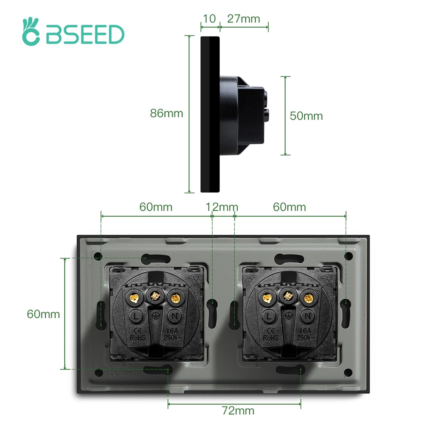 BSEED Single Power Outlet EU Wall Plugs Double Sockets USB Type-C Phone Charge Glass Panel 1Way Wall Touch Switch Kid Protection