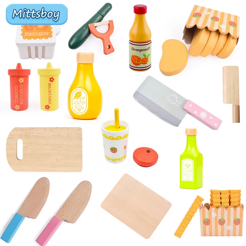 Magnetic Tool Kitchen Montessori Brain Game Toy Hamburger Play House Toys Simulation Seasoning Baking Toy Wooden Educational Toy
