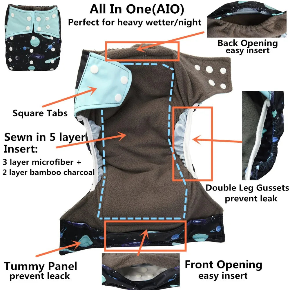 ALL IN ONE Charcoal Bamboo Baby Cloth Diaper Nappy Washable Sewn Insert Double Gussets AIO Night Heavy Wetter