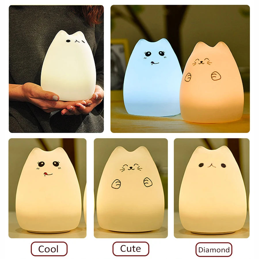 Cartoon Cat Led Night Light 4 Led Smd Rgb Touch Sensor 7 Colors for Children Battery Operated