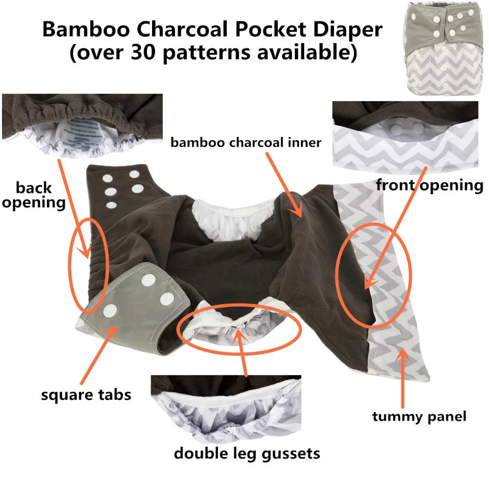 1 Baby Cloth Diaper Nappy Washable Reusable Double Gusset Bamboo Charcoal 3-15kg 8-36lbs NO INSERTS